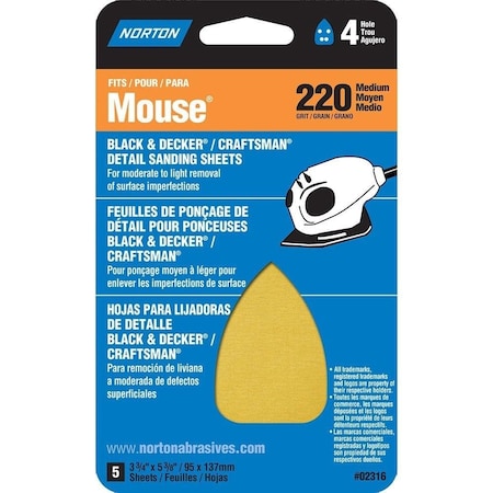 Norton Co DETAIL/PROFILE For Black & Decker/Craftsman Mouse Sander, 3in. x7in. Irn Shpe Shts, Fine, GRIT: 180 076607-02315